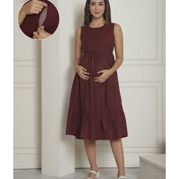 Moms Maternity Cotton Woven Sleeveless Dots Printed Maternity Tiered Dress With Side Zipper Nursing Access - Maroon-image-56