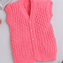 Little Angels Woollen Knitted Sleeveless Self Designed Cardigan - Neon Pink-image-63