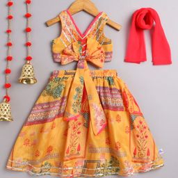 Many frocks & Blended Woven Sleeveless Floral Printed Gota Lace Embellished Coordinating Lehenga Choli With Dupatta Set - Mustard-image-75