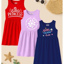 KUCHIPOO Cotton Blend Knit Pack Of 3 Sleeveless Girl Team Love & Little Princess Text Printed Dresses - Red Lilac & Navy Blue-picture-6