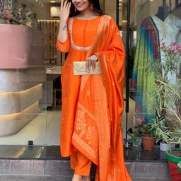 KALINI Ethnic Motifs Embroidered Beads And Stones Straight Kurta With Trousers And Dupatta-32