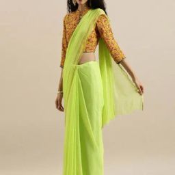 Geroo Jaipur Lime Green Hand-Dyed Chiffon Saree with Hand Block Printed Blouse-picture-12