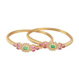 Aatmana 24KT Gold-Plated CZ & Green & Pink Stone Studded Bangles for Women (Set of 2) - 2.6 image 4