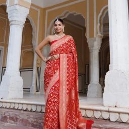 Geroo Jaipur Red Pure Georgette Hand Woven Gharchola Bandhani Saree-image-79