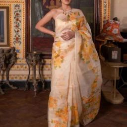 Geroo Jaipur Beige Hand Painted Pure Organza Saree-picture-18
