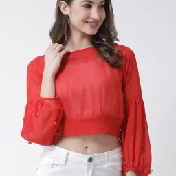 KASSUALLY Red Embellished Crop Top-77