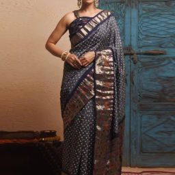 Geroo Jaipur Grey-Blue Bandhani Zari Woven Silk Saree-picture-10