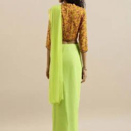 Geroo Jaipur Lime Green Hand-Dyed Chiffon Saree with Hand Block Printed Blouse image 2