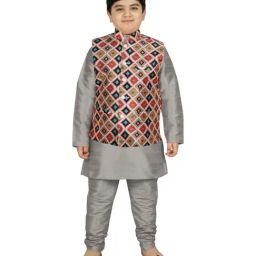 SG Yuvraj Kids Cream & Grey Printed Full Sleeves Kurta Set-image-71