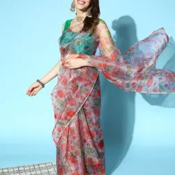 Blissta Silver & Red Floral Print Saree With Unstitched Blouse-picture-46