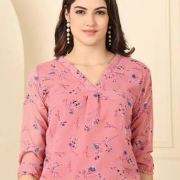 NEUDIS Peach Georgette Floral Regular Fit Top-image-96