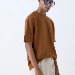 ETA by Westside Brown Self-Textured Relaxed-Fit Cotton-Blend T-Shirt-picture-14