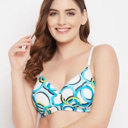 Clovia Blue & White Geometric Print Full Coverage T-Shirt Bra-image-6