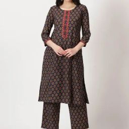 Saffron Threads Navy Cotton Floral Straight Kurta-picture-48