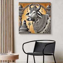 999Store Brown & Grey Canvas Wrapped Painting Of Divine Nandi Bull With Lingam-image-32