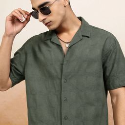 HIGHLANDER Men Olive Mocklino Dobby Textured Solid Cuban Collar Relaxed Shirt-image-0