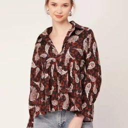 Moomaya Black & Brown Cotton Printed Top-image-56