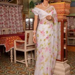 Geroo Jaipur White Hand Painted Mukaish Work Chiffon Saree-image-73