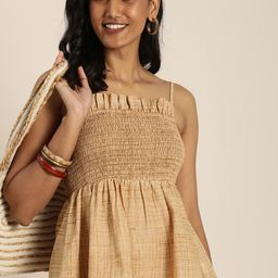 Taavi Women Beige & Brown Block Print Legacy Pure Cotton Smocked Peplum Top-25