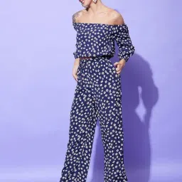 StyleStone Navy Floral Print Crop Top With Trousers-image-14