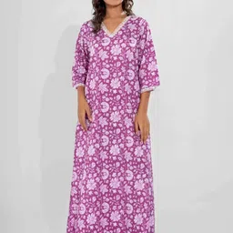 FEATHERS CLOSET Taffy Pink Printed Pure Cotton V-Neck Night Maxi-picture-16
