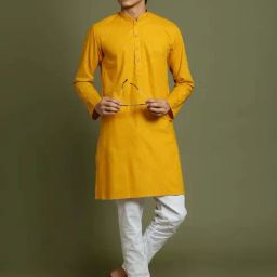 VASTRAMAY Boys Mustard & White Solid Full Sleeves Kurta Sets-picture-0