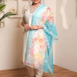JAPNAAM Floral Embroidered V-Neck Chanderi Cotton Straight Kurta With Trousers & Dupatta-image-42