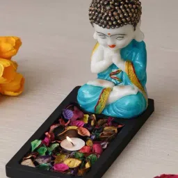 eCraftIndia Blue with Black Polyresin Praying Monk Showpiece with Fragnanced Petals and Tealight-7