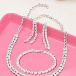 Zaveri Pearls Silver Tone Dazzling Cubic Zirconia 2 Strands Necklace Earring Bracelet Set-ZPFK12583-image-99