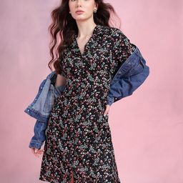 DressBerry Floral Print Notched Lapel Collar Shirt-Style Dress-image-32