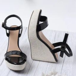 Iconics Women's Black Ankle Strap Wedges-5