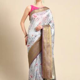 Silk Land Grey Silk Floral Saree With Unstitched Blouse-image-57