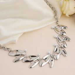 Prita by Priyaasi Pearl Studded Designer Leaf Link Silver-Plated Necklace-image-90