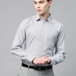 Louis Philippe Men Off-White & Black Slim Fit Cotton Micro Patterned Formal Shirt-image-28