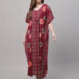 Secret Wish Maroon Cotton Printed Kaftan Night Dress-picture-27