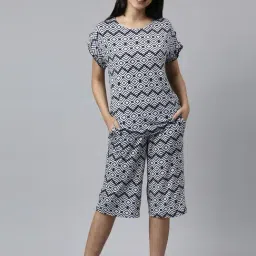 Enamor Navy Printed T-Shirt Capris Set-image-44