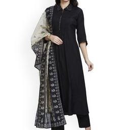 Nioni Floral Embroidered Shirt Collar Zardozi Chanderi Silk Kurta With Trousers & Dupatta-picture-10