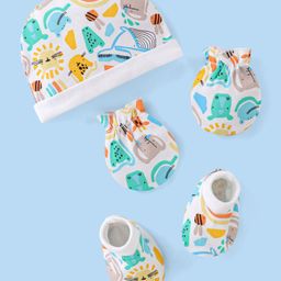 Babyhug 100% Cotton Knit Cap Mittens & Booties  Animal Print- Multicolor-picture-13