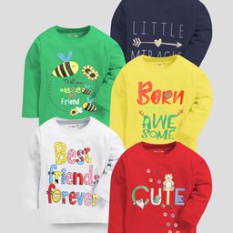 KUCHIPOO Pack Of 5 Full Sleeves Honey Bee & Text Printed Tees - Multi Colour-picture-24
