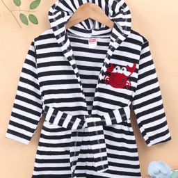 Babyhug Terry Knit  Full Sleeves Bath Robe With Hood and Crab Embroidery - Navy Blue & White-image-89
