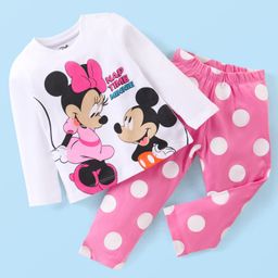 Babyhug Disney Cotton Full Sleeves Night Suit WIth Minnie And Mickey Mouse Print - White & Pink-image-49