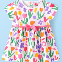 Babyhug Single Jersey Knit Half Sleeves Frock With Floral Print & Stocking - White-image-66