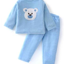 Babyhug Velour Knit Full Sleeves Winter Night Suit With Teddy Patch - Blue-image-39