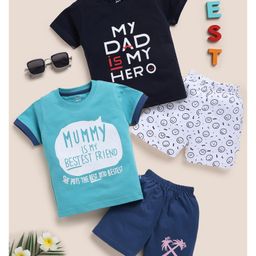 TOONYPORT Cotton Pack Of 2 Half Sleeves Mummy Is My Bestest Friend & My Dad Is My Hero Text Printed Tees With Shorts - Black & Blue-image-37