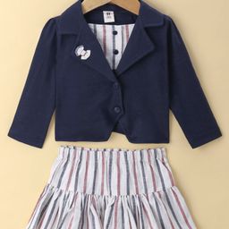 ToffyHouse 100% Cotton Woven Full Sleeves Front Open Top & Striped Skirt Set - Navy-picture-7