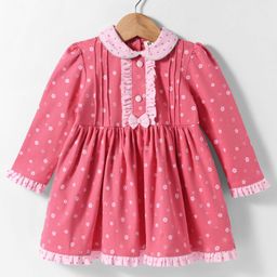 ToffyHouse 100% Cotton Knit Full Sleeves Floral Printed Peter Pan Collared Dress - Pink-image-83