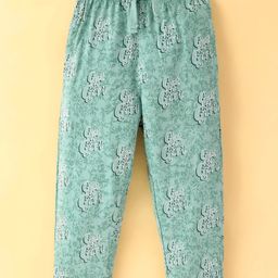 Doreme Lycra Knit  Full Length Track Pant With Floral & Text Print- Aqua-image-9