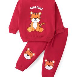 Babyhug Cotton Knit Full Sleeves T-Shirt & Lounge Pants Set With Tiger Print - Red-image-86