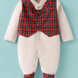 ToffyHouse Interlock Knit Full Sleeves Checkered Footed Party Romper - White & Red-image-99
