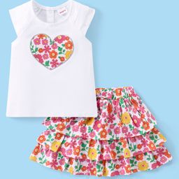 Babyhug Cotton Knit Cap Sleeves Top & Layered Skirt With Floral Print - White-image-30